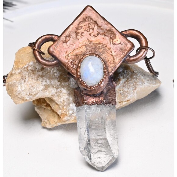 Copper Electroformed Diamond Moonstone Clear Quartz Crystal Necklace - Picture 2 of 3